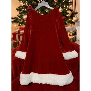 Girls Red Velvet Santa Christmas Dress Faux Fur Trim Long Sleeve Holiday 4T